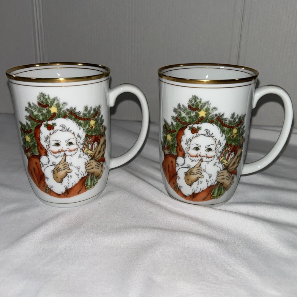 VTG Fitz & Floyd ST NICHOLAS Mugs Santa Christmas Coffee Cups Replacement Set 2